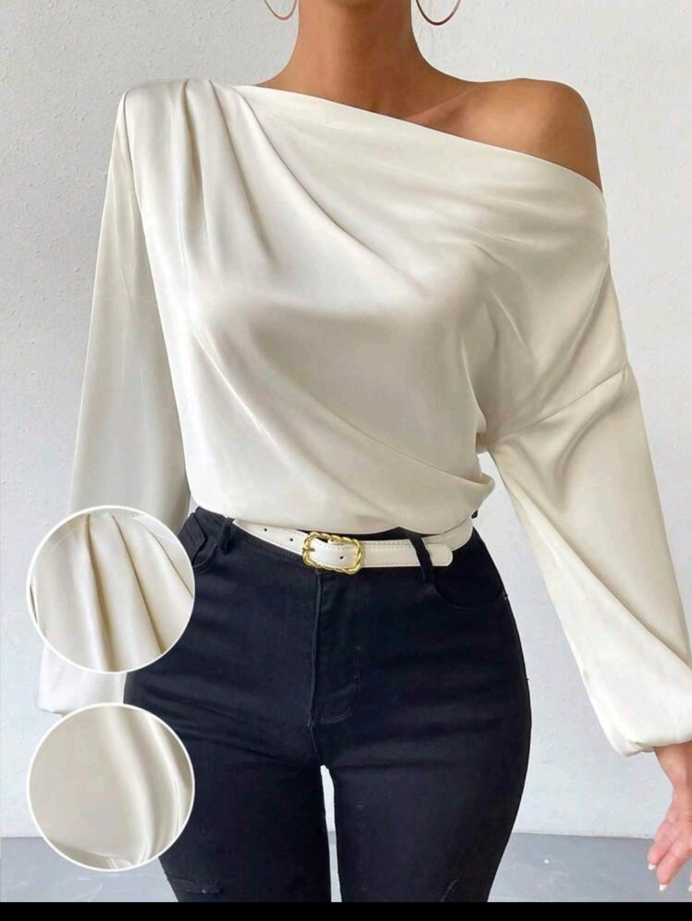 Off-Shoulder Draped Long Sleeve Blouse in Ivory